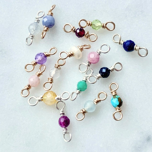 Single Gemstone Birthstone Charm Connector in 14k Gold Filled Sterling Silver, Custom Handmade Wire Wrapped Permanent Jewelry Charms