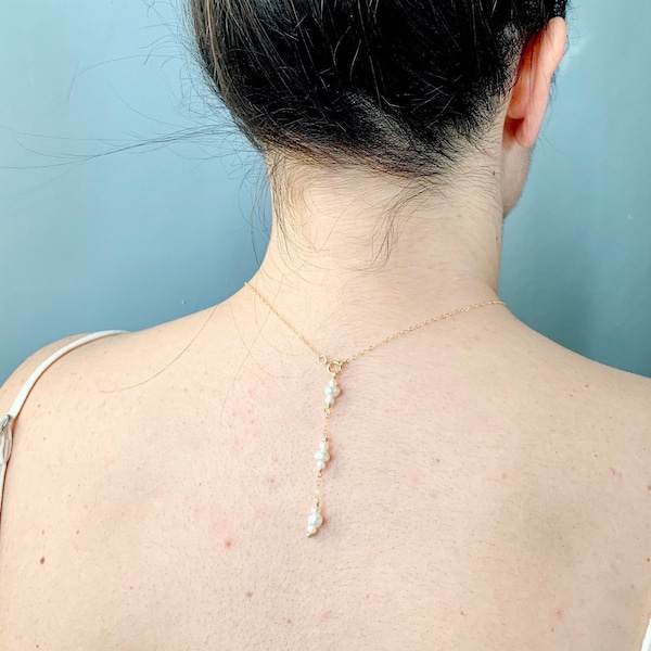 Pearl Back Drop Necklace Dainty Pearl Necklace Boho Bride Wedding Jewelry Pearl Choker Bridal Back Necklace Gold Clip On Back Necklace