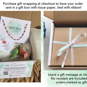 May include: A small brown gift box with a white ribbon tied around it. The box is sitting on a white surface. The text "Leave a gift message at checkout! No receipts are included with orders marked as gifts." is printed below the box.