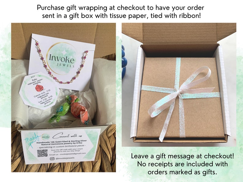 May include: A small brown gift box with a white ribbon tied around it. The box is sitting on a white surface. The text "Leave a gift message at checkout! No receipts are included with orders marked as gifts." is printed below the box.