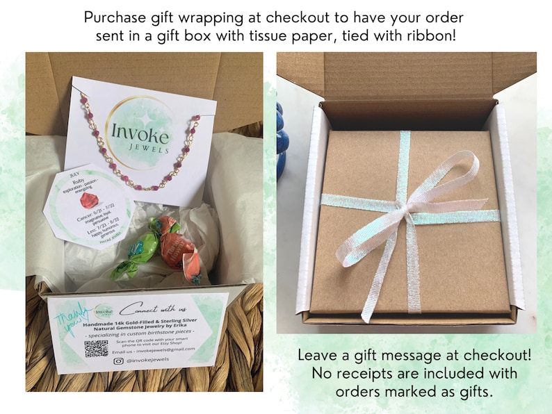 May include: A gift box with a white ribbon tied around it. The box is filled with tissue paper and a small red and gold necklace. The box is labeled "Invoke Jewels". The text "Leave a gift message at checkout! No receipts are included with orders marked as gifts." is printed below the box.