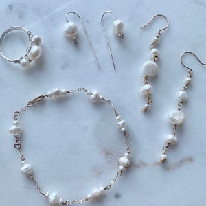 Set of Freshwater Pearl Jewelry with Bracelet, Drop Earrings, Threader Earrings and Wire Wrapped Ring in 14k Gold Filled or Sterling Silver