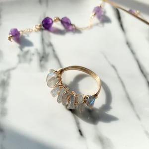 Raw Labradorite Wire Wrapped Ring, Natural Gemstone Jewelry, Raw Crystal Wire Ring, Unique Birthday Gift for Her