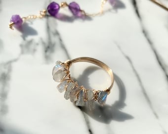 Raw Labradorite Wire Wrapped Ring, Natural Gemstone Jewelry, Raw Crystal Wire Ring, Unique Birthday Gift for Her
