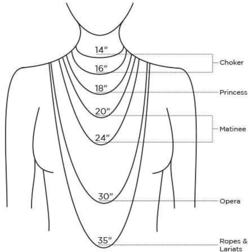 May include: Diagram showing different necklace lengths, including choker, princess, matinee, opera, and lariat styles. The lengths are measured in inches, ranging from 14 inches to 35 inches.