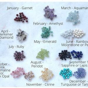 May include: A chart showing birthstones for each month of the year. The chart features a collection of small, colorful gemstones arranged in rows. Each row is labeled with the month and the corresponding birthstone. For example, January is Garnet, February is Amethyst, March is Aquamarine, April is Herkimer Diamond, May is Emerald, June is Rainbow Moonstone or Pearls, July is Ruby, August is Peridot, September is Sapphire or Lapis Lazuli, October is Pink Tourmaline or Pink Opal, November is Citrine, and December is Turquoise or Tanzanite.