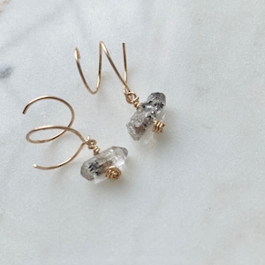 Herkimer Diamond Earrings, Raw Quartz Earrings, gold filled huggie hoops, twist gemstone charm earrings, Aries Crystal Jewelry