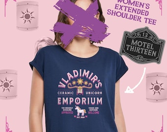Vladimir's Ceramic Unicorn Emporium - Tangled inspired Woman's extended shoulder Slub Tee with Front Print
