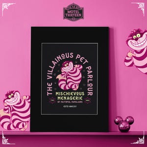 Cheshire Cat - The Villainous Pet Parlour. An Alice in Wonderland inspired art print including black mount.