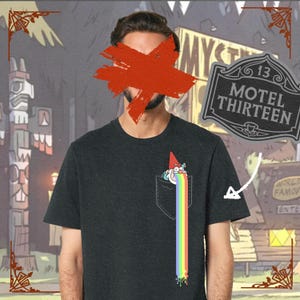 May include: A black t-shirt featuring a graphic of a gnome with a rainbow coming out of its mouth. The gnome is in a pocket on the shirt. The text "Motel Thirteen" is visible in the background.