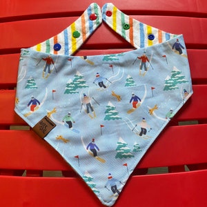 May include: A blue bandana with a white border and colorful stripes. The bandana features a repeating pattern of skiers on a snowy mountain scene. The bandana has a brown label with the text "Dirk the Dog" on it.