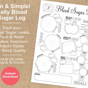 May include: Printable black and white blood sugar log with sections for tracking blood sugar levels, food and water intake, exercise, insulin doses, and sleep quality. The log includes a daily schedule with sections for breakfast, lunch, dinner, and snacks. The log also includes a section for notes and a goal section.