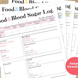Detailed Food & Blood Sugar Log, Diabetes Glucose Level Tracker, Daily Meal Water Exercise Insulin Dose Log, Instant Download PDF
