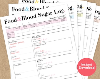 Detailed Food & Blood Sugar Log, Diabetes Glucose Level Tracker, Daily Meal Water Exercise Insulin Dose Log, Instant Download PDF