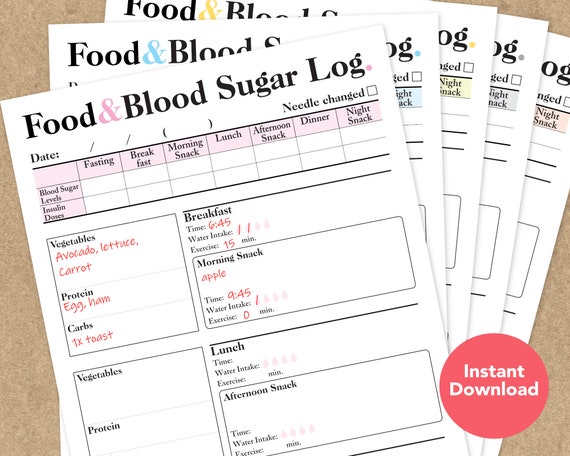 Detailed Food & Blood Sugar Log, Diabetes Glucose Level Tracker, Daily Meal Water Exercise Insulin Dose Log, Instant Download PDF