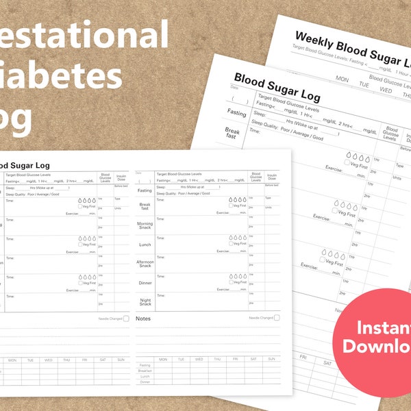 Detailed Blood Sugar Log, Diabetes Glucose Level Tracker, Daily Meal Water Sleep Exercise Insulin Dose Log, Instant Download PDF