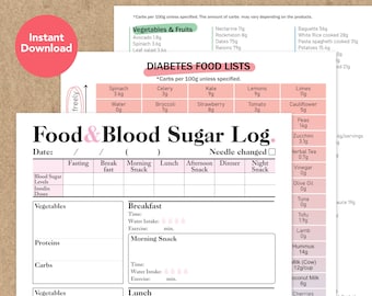 Detailed Food & Blood Sugar Log, Meal Planner, Diabetes Food Lists with Carbs, Glucose Level Tracker, Insulin Dose Log, Instant Download