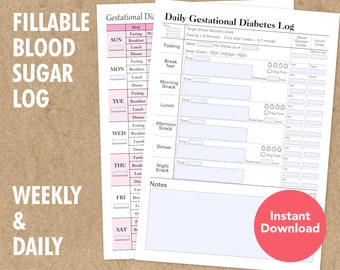 Fillable Weekly and Daily Food & Blood Sugar Log, Gestational Diabetes Glucose Level Tracker, Meal Exercise Insulin Dose, Instant Download