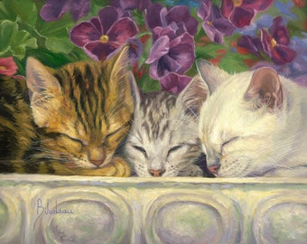 Small Original OIL PAINTING - on canvas - "Group Nap" - Figurative/Realistic/Unique/One of a Kind/Cat art/Domestic Bengal kittens napping