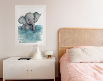 Akwarelowy wydruk do pokoju dziecięcego z małym słonikiem, grafika ścienna do druku, dekoracja pokoju dziecięcego w stylu boho, nadruk ze zwierzętami safari, natychmiastowe pobranie cyfrowe