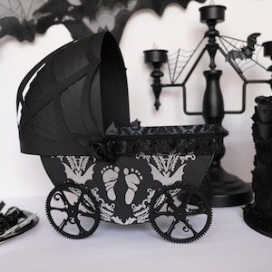 Baby Shower Halloween Centerpiece, gender reveal, gender neutral with bats and baby feet. Centerpiece baby decoration. Goth centerpiece for Nursery. Baby Feet Trick or Treat. Silver and Black. Silver Vinyl decorative design Baby Carriage. Halloween, Summerween Baby shower. Spooky Baby Shower Baby Bat theme. Ghouls and Goblin babies, Goth Moms to be.