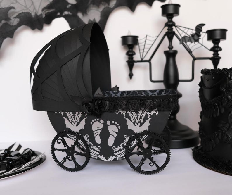 Baby Shower Halloween Centerpiece, gender reveal, gender neutral with bats and baby feet. Centerpiece baby decoration. Goth centerpiece for Nursery. Baby Feet Trick or Treat. Silver and Black. Silver Vinyl decorative design Baby Carriage. Halloween, Summerween Baby shower. Spooky Baby Shower Baby Bat theme. Ghouls and Goblin babies, Goth Moms to be.