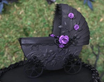 Gothic Baby Carriage Cake Topper Embossed, Lavender and Dark Purple Floral, Goth Nursery Decor