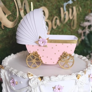 Small Pink with Gold Polka dots Baby Carriage, Cake topper, Maternity Gifts and Keepsake for Mom to Be, Baby Girl