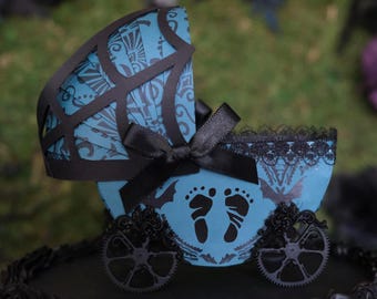 Halloween Baby Shower, Teal Blue theme, Dark Red Baby Bat with Webs Small Baby Carriage Decoration, Summerween Gift, Goth Nursery