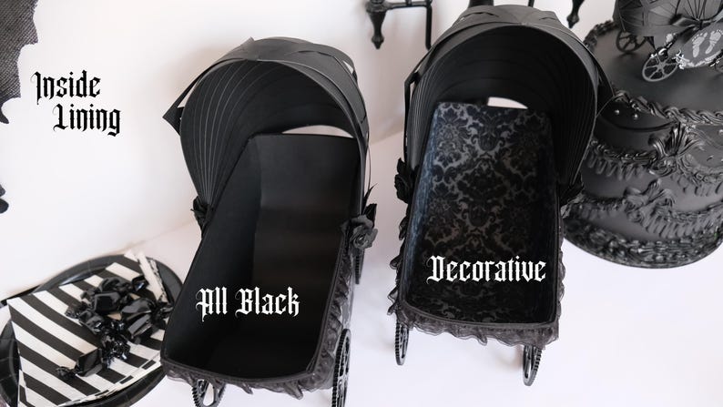 May include: Two black miniature carriages, one with a solid black interior and the other with a decorative patterned interior. The text "All Black" and "Decorative" are visible. The carriages have wheels and a canopy.