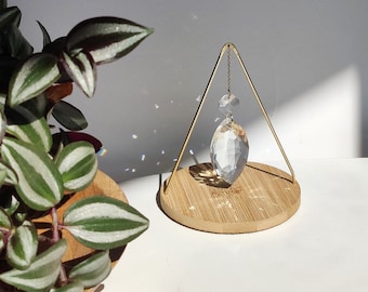 Tabletop Suncatcher BALANCE • Crystal Sun Catcher with Hammered Brass, on an Acacia or Bamboo Base • Unique Handmade Gift for the Home
