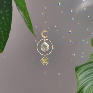 Suncatcher STELLAR • Window hanging brass crystal • Cute moon and sun decorative charm for your home or your car, handmade in France