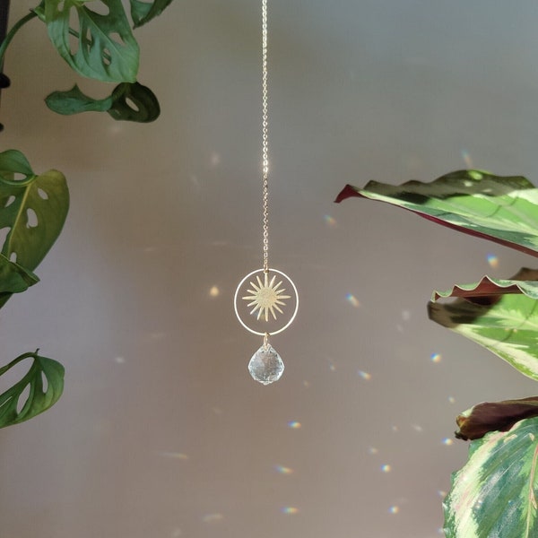 Mini Crystal Suncatcher HELIOS • Cute rear view mirror or home decor accessory made of Brass charms & Crystal Prisms, Handmade in France