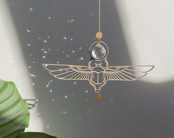 Suncatcher KHEPRI • Unique home decor for a magical ambiance • Mystical scarab sun catcher in wood and glass crystal, handmade in France