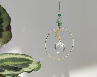 Suncatcher ARIEL • Unique Bohemian Home or Car Decor • Brass Moon Suspension with Crystal and Gemstones • Unique gift handmade in France