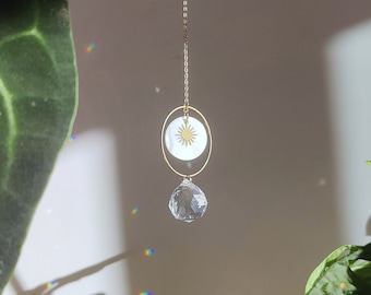 Suncatcher SOLAR • Small Sun hanging ornament - Boho Decor for home or car in brass, glass crystal, and Mother-of-Pearl, handmade in France