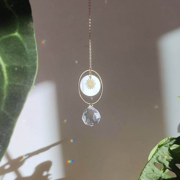 Suncatcher SOLAR • Small Sun hanging ornament - Boho Decor for home or car in brass, glass crystal, and Mother-of-Pearl, handmade in France