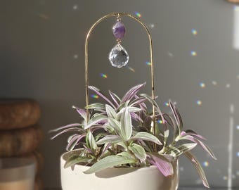 DIVA Acchiappasole per piante: supporto decorativo per piante da interno in ottone, cristallo e ametista | Realizzato a mano in Francia