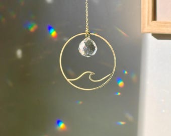Mini Crystal Suncatcher WAVE : Cute rear view mirror or home decor accessory made of Brass & Crystal Prisms, Handmade in France