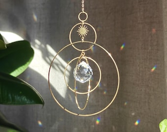 Crystal Suncatcher COSMIC: Boho brass rainbow maker | Celestial window hanging | New home gift idea to invite light, handmade in France