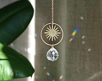 Mini crystal suncatcher HELIOS : Brass & crystal sun rainbow maker | Cute rear view mirror decor or plant accessory | Small home gift