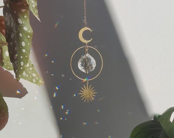 Suncatcher STELLAR • Window hanging brass crystal • Cute moon and sun decorative charm for your home or your car, handmade in France