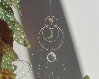 Crystal Suncatcher SERENA • Elevate your Home Decor with delicate light plays • Delicate Brass Sun and Moon Suspension, Handmade in France