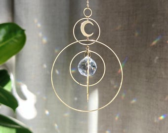 Crystal suncatcher COSMOS : Boho moon brass hanging | Window rainbow prism | Celestial Home Decor | Witchy gift