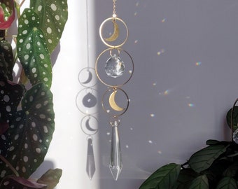 Suncatcher WITCH • Celestial Boho Home Decor with delicate light plays • Rainbow Crystal Suncatcher and Brass mobile, Handmade in France