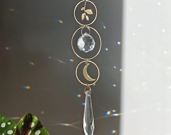 Suncatcher SELENE : Dainty Brass Rainbow Maker with Crystal prisms, Handmade in France | Boho Celestial Window Decor