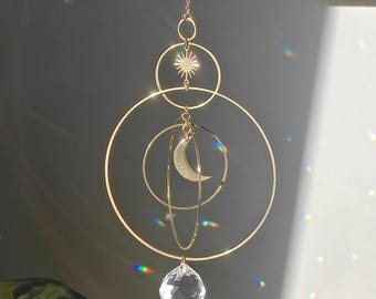 Suncatcher SERENA XL : Celestial window hanging handmade with brass and crystal prisms | Boho Sun & Moon Home Decor | Witchy home gift