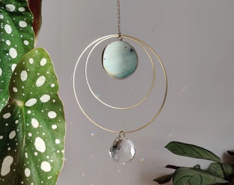 TIA Suncatcher in brass, Amazonite and glass crystal • Boho Decoration for the Home • Geometric Celestial Suspension