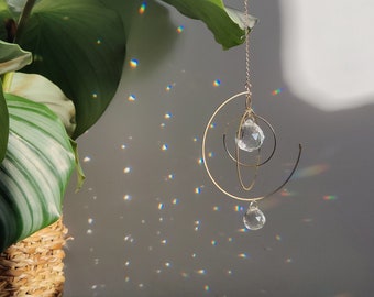 Suncatcher OMEGA • Celestial Boho Home Decor with delicate light plays • Rainbow Crystal Suncatcher and Brass mobile, Handmade in France