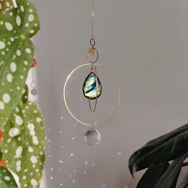 Suncatcher NOVA • Crystal Sun Catcher made with Brass and a Flash Labradorite • Unique Gift for Crystal Lovers, Handmade in France